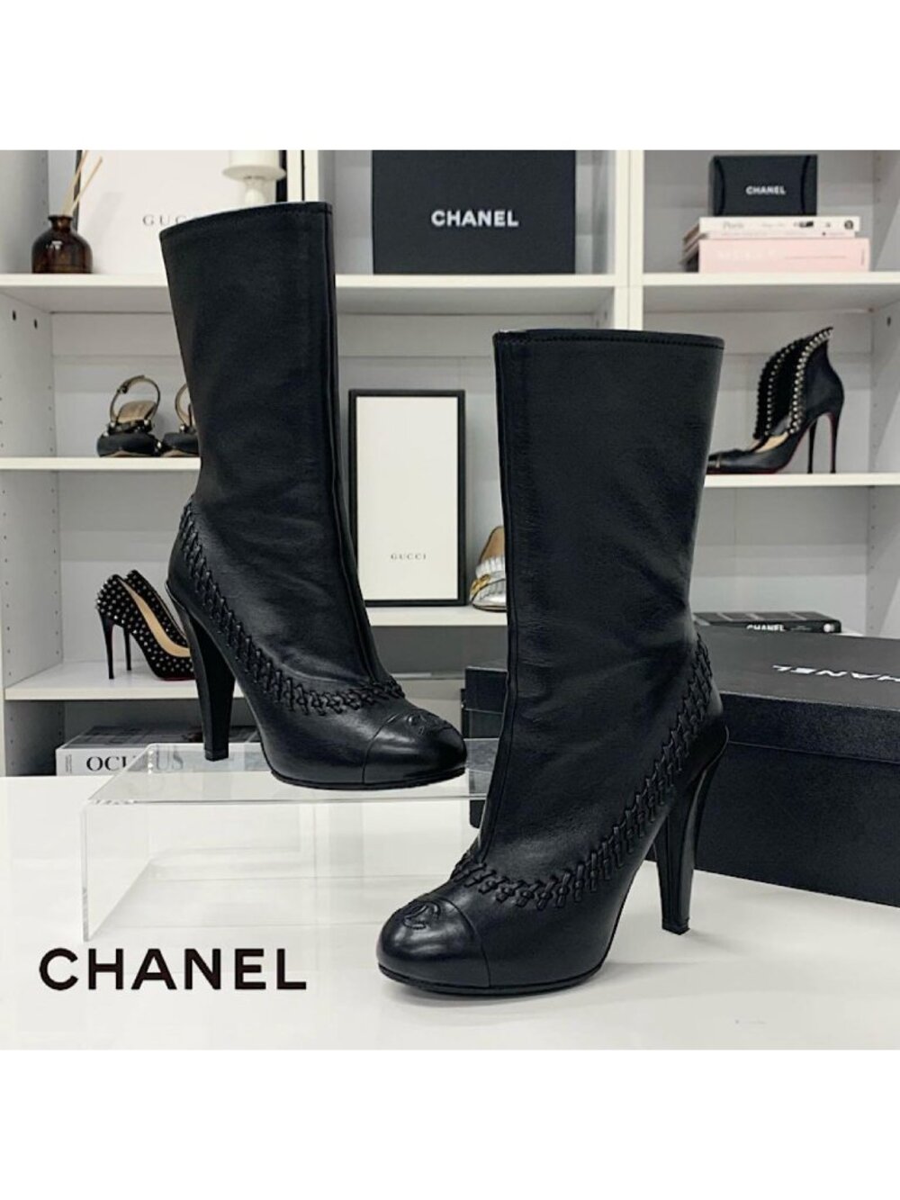Chanel Leather CC Logo Stitch Middle Boots Black